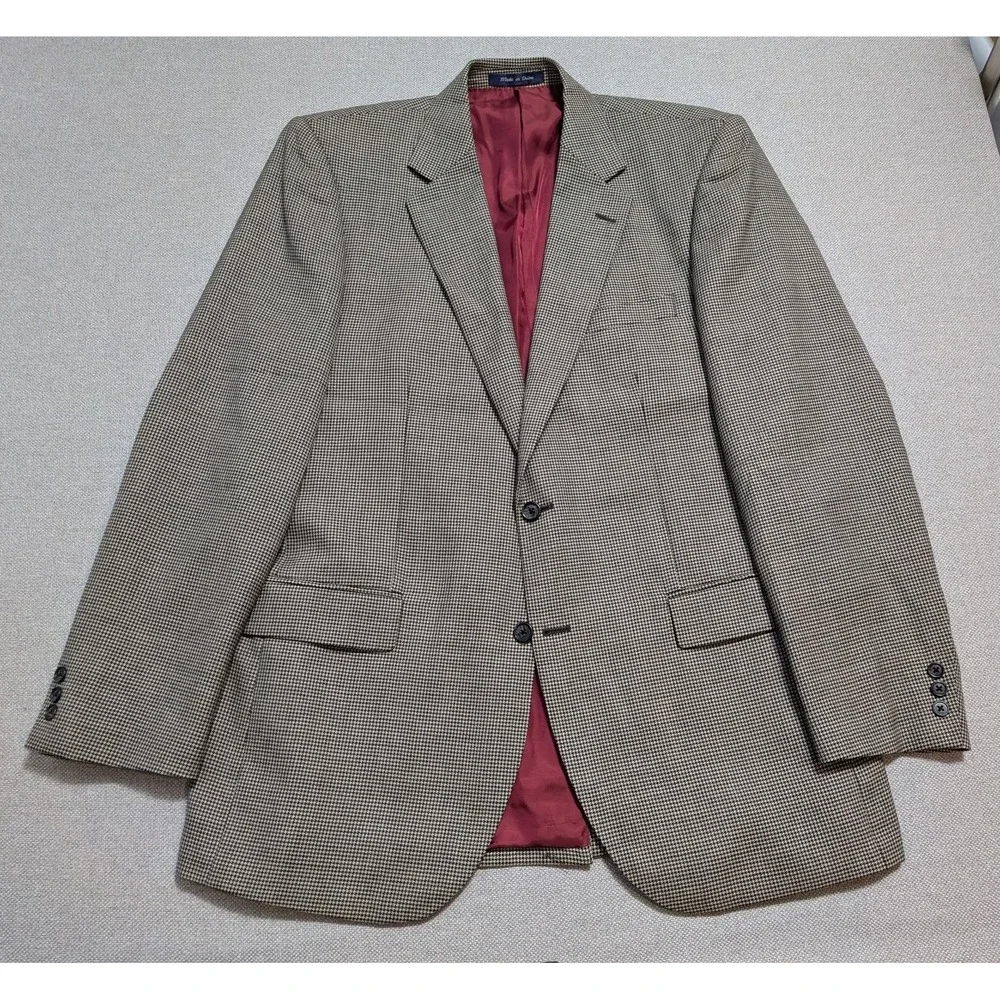 Alan Flusser Men's Blazer 44L Worsted Wool Brown Houndstooth Suit Jacket Coat